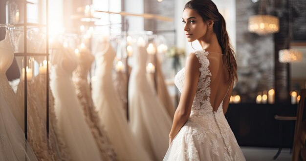 woman choosing wedding dress at bridal shop