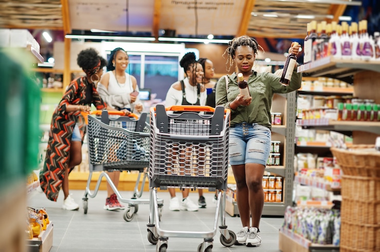 Photo woman choosing wine at supermarket against her friends with shopping cart
