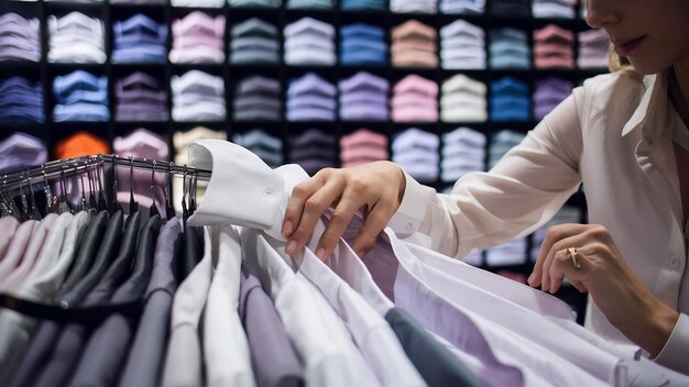 Photo woman chosing a white shirt