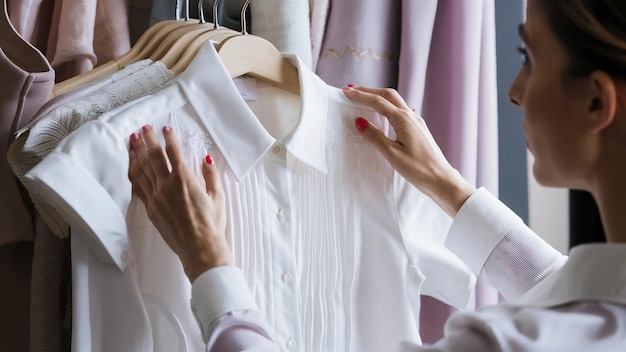 Photo woman chosing a white shirt