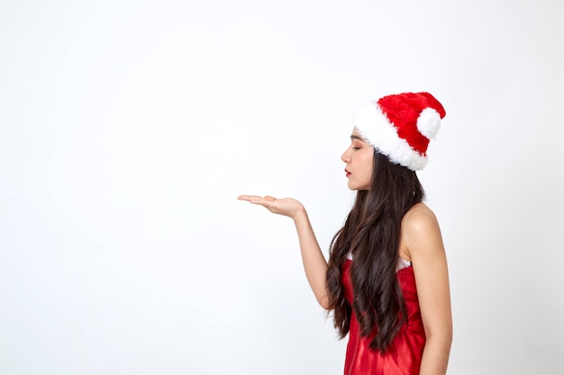 Woman in christmas dress on white