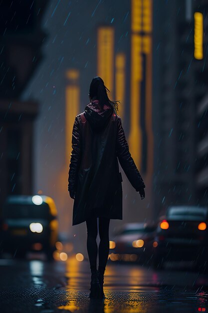 Woman in the city at night with rain Generative AI