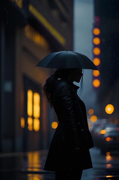 Woman in the city at night with rain Generative AI