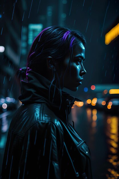 Woman in the city at night with rain Generative AI