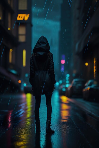 Woman in the city at night with rain Generative AI