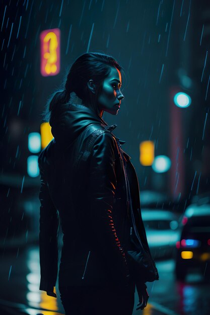 Woman in the city at night with rain Generative AI