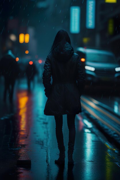 Woman in the city at night with rain Generative AI