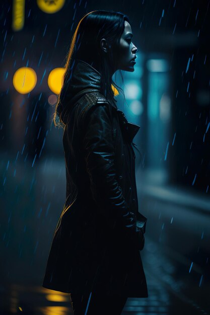 Woman in the city at night with rain Generative AI