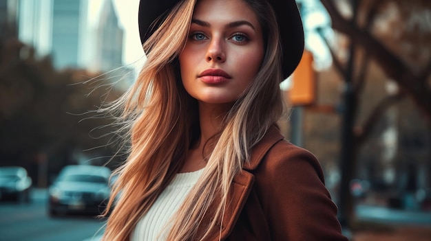 Photo woman in city with elegant autumn attire