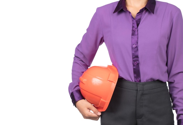 woman civil engineer holding safety helmet of construction isolated on white background