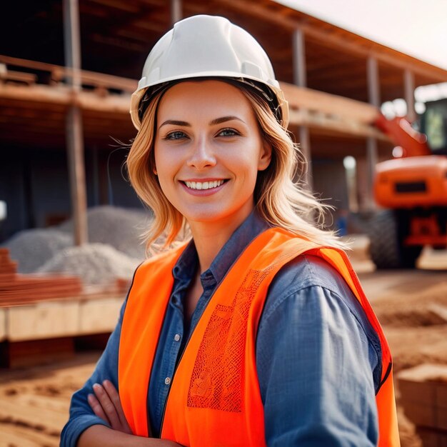 woman civil engineer with blueprints at construction site smiling