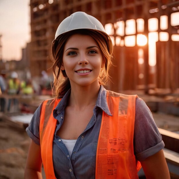 woman civil engineer with blueprints at construction site smiling