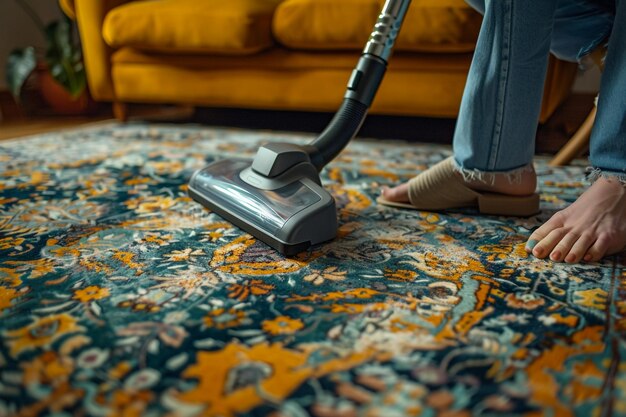 Photo woman cleaning apartment with parquet floor with vacuum cleaner barefoot vacuuming parquet floor at home