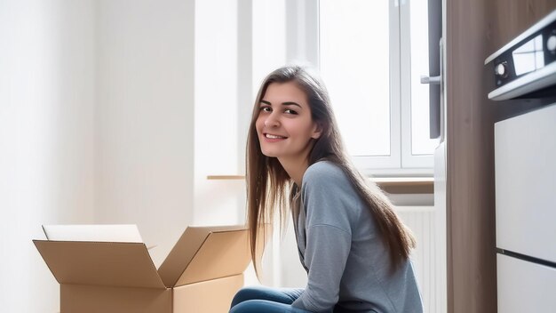 Photo woman cleaning and arranging kitchen at modern apartment