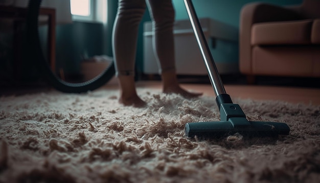 Woman cleaning carpet with vacuum and mop generated by AI