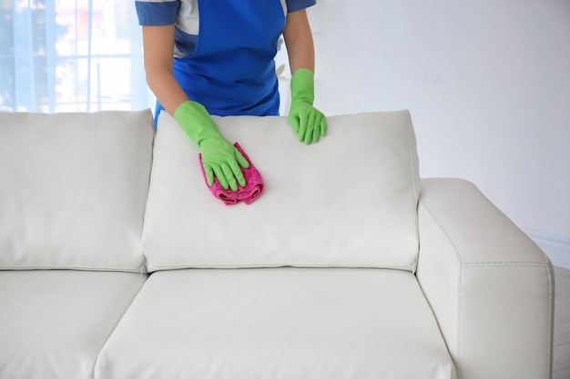 Woman cleaning couch with duster at home