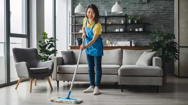 Woman cleaning the floor with a mop in the living room in home with a smile happy asian cleaner doi