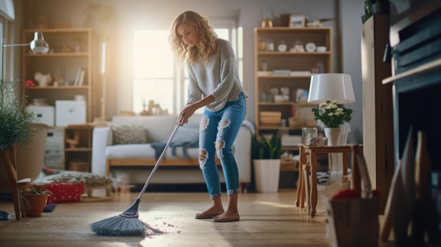사진 집 에서  ⁇ 은 <unk> 으로 바닥 을 청소 하는 여자
