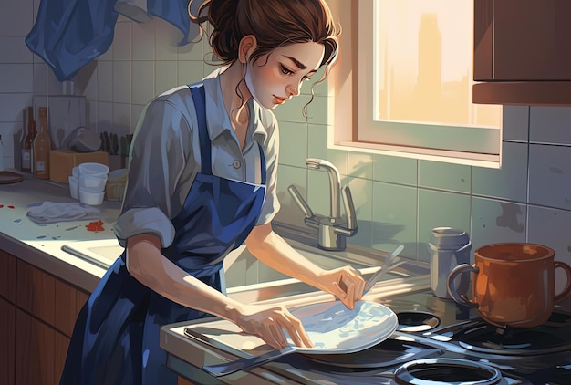 Photo a woman cleaning her apartment kitchen on a blue plate wearing work gloves in the style of atmosphe