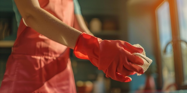 Photo woman cleaning the house wearing gloves generative ai