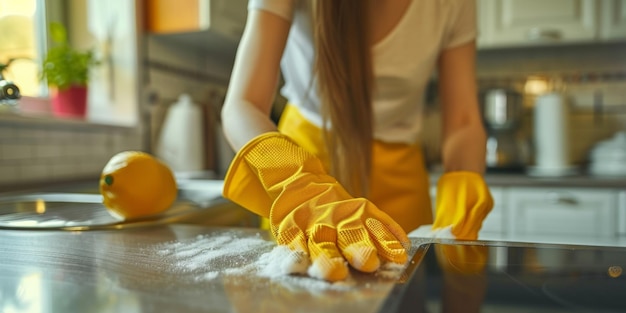 woman cleaning the house wearing gloves Generative AI