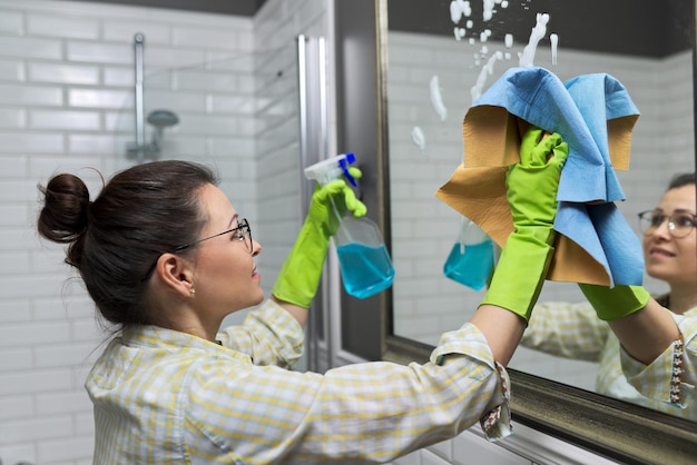 Foto donna che pulisce lo specchio in bagno usando uno straccio professionale e uno spray per il lavaggio, primo piano