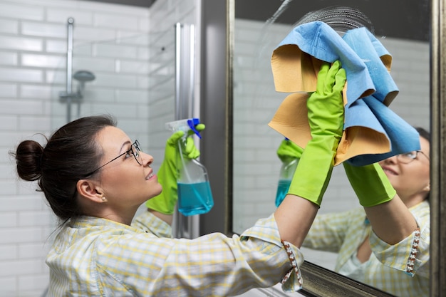 Foto donna che pulisce lo specchio in bagno usando uno straccio professionale e uno spray per il lavaggio, primo piano