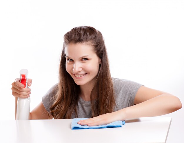 Woman Cleaning Surface. Isolated on white background