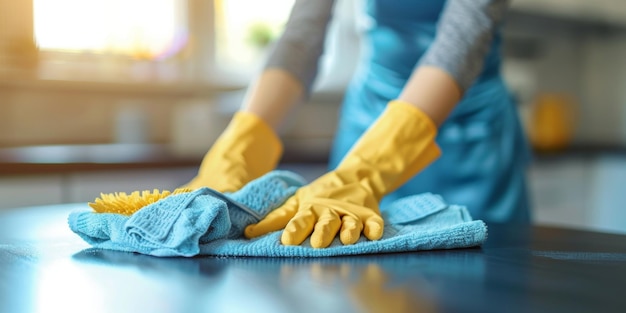 Фото Женщина убирает дом в перчатках генеративный ии