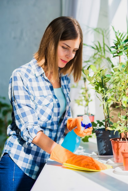 Photo woman cleaning window sill surface with napkin near the potted plant