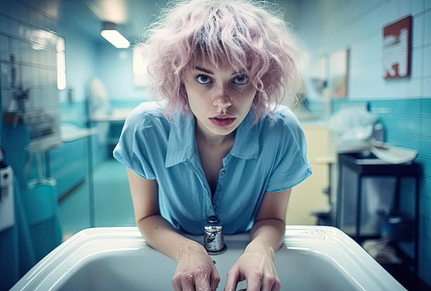 Woman cleaning your bathroom with a sink containing blue liquid soap diseo