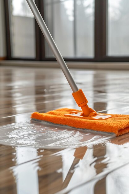 a woman cleans the floor in the house with a mop closeup