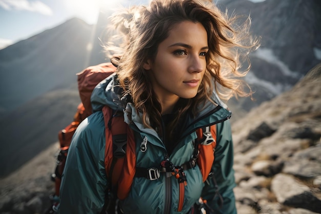 背景に太陽の光がある登山服を着た女性