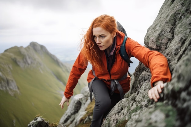 Photo a woman climbing a mountain wearing a backpack