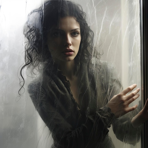 woman clinging to foggy glass