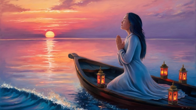 Woman closed her eyes praying on a sea during beautiful sunset