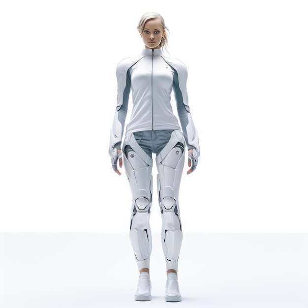 Photo woman in clothes of the future on a white background