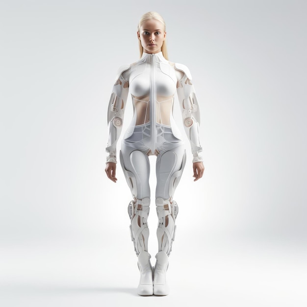 Foto donna con abiti del futuro su uno sfondo bianco