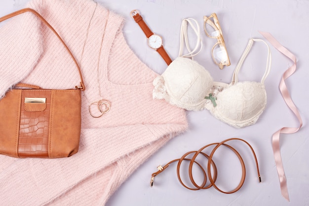 Woman clothing and accessories in pastel colors