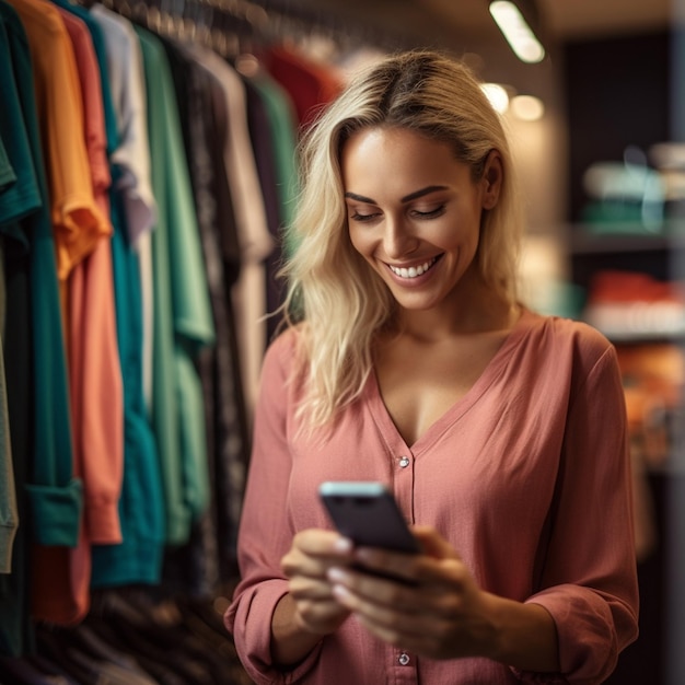 a woman in a clothing store looking at her phone and smiling