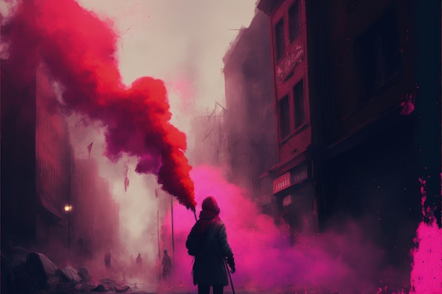 Woman clutching red smoke signal on lane in deserted urban settlement Fantasy concept Illustration painting Generative AI