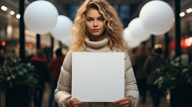 Foto una donna con un cappotto che tiene in mano un cartello bianco con la scritta 