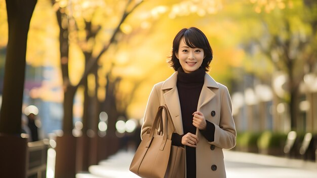 A woman in a coat is walking down the street Generative AI