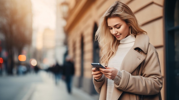 a woman in a coat looking at her phone