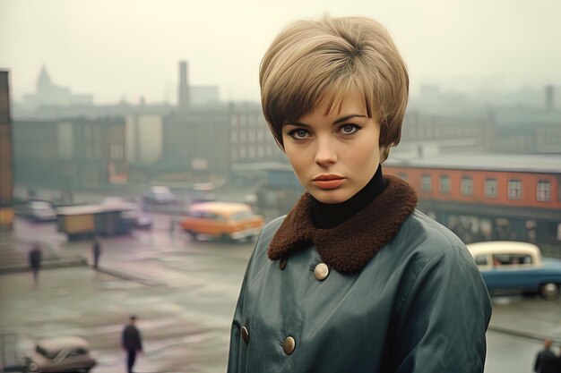 Photo a woman in a coat and scarf stands on a street