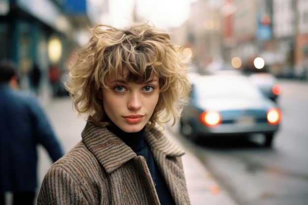 a woman in a coat standing on a city street