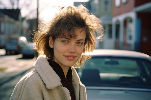 a woman in a coat standing in front of a car