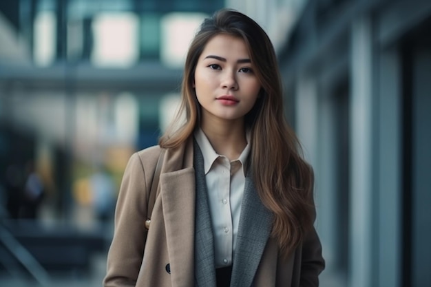 A woman in a coat stands in front of a building