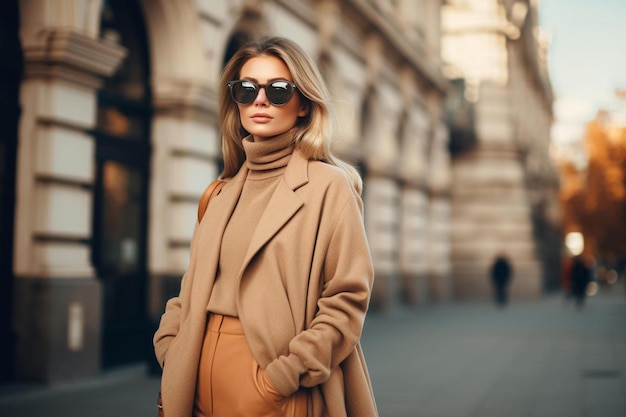 a woman in a coat and sunglasses standing on a street