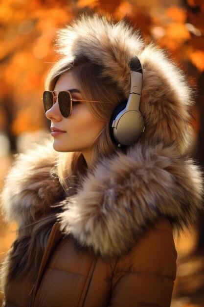 woman in coat with fur hood with headphones and glasses on autumn background